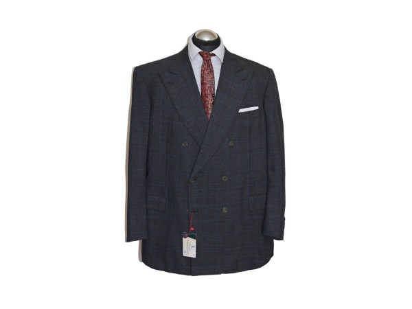Brioni Anzug Gr. 58 Zweireiher 3roll2 Grau Glencheck Blau POWER SUIT ca. 6890 €
