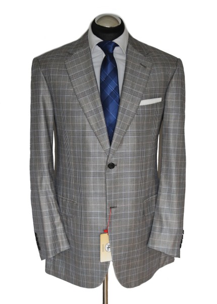 Brioni Sakko Gr. 50 Glencheck Blau 2-Knopf SEIDE & Wolle Grau handmade NP: 5190€